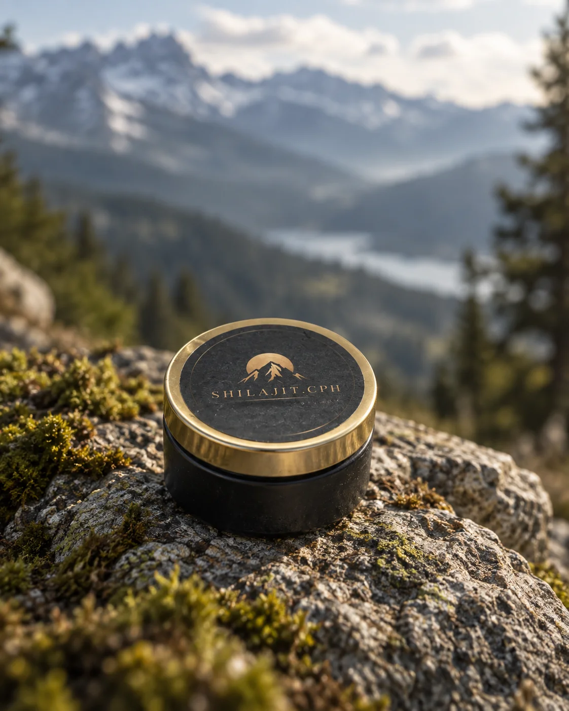 SHILAJIT.CPH Shilajit bøtte på sten med bjerglandskab